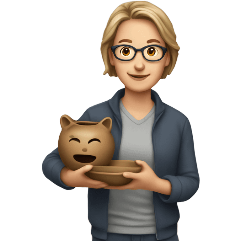 High school art teacher holding pottery emoji