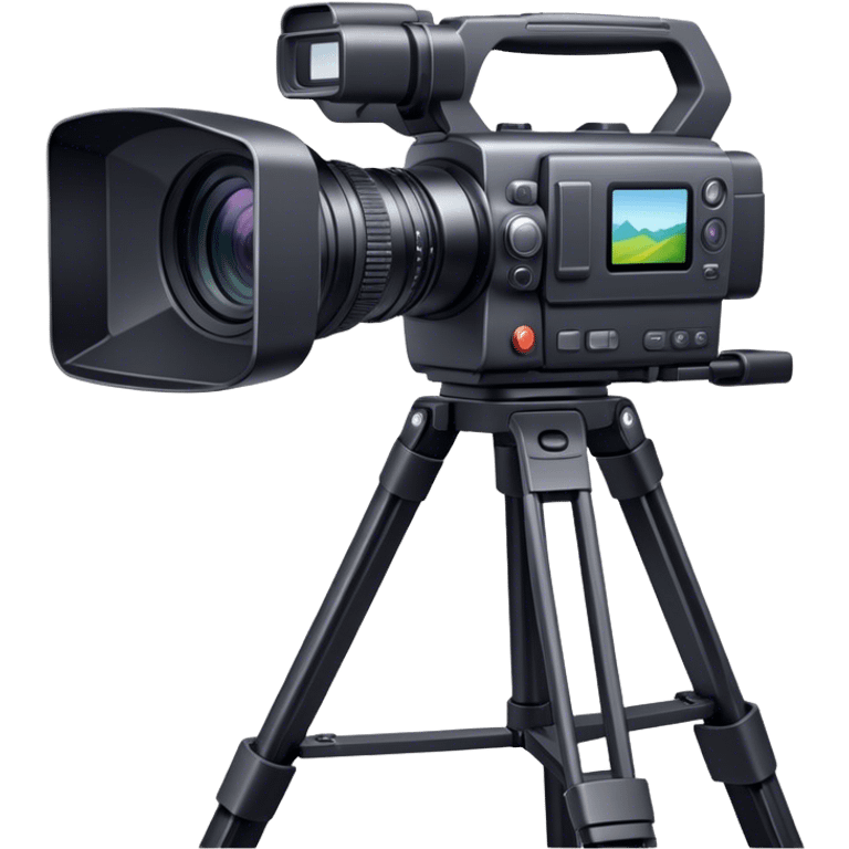 Create an emoji for video recording. Show a  single lens professional video camera with screen and image on it, on heavy tripod. Use modern, professional colors. Do not include any emojis or smiley faces. Make the background transparent. emoji