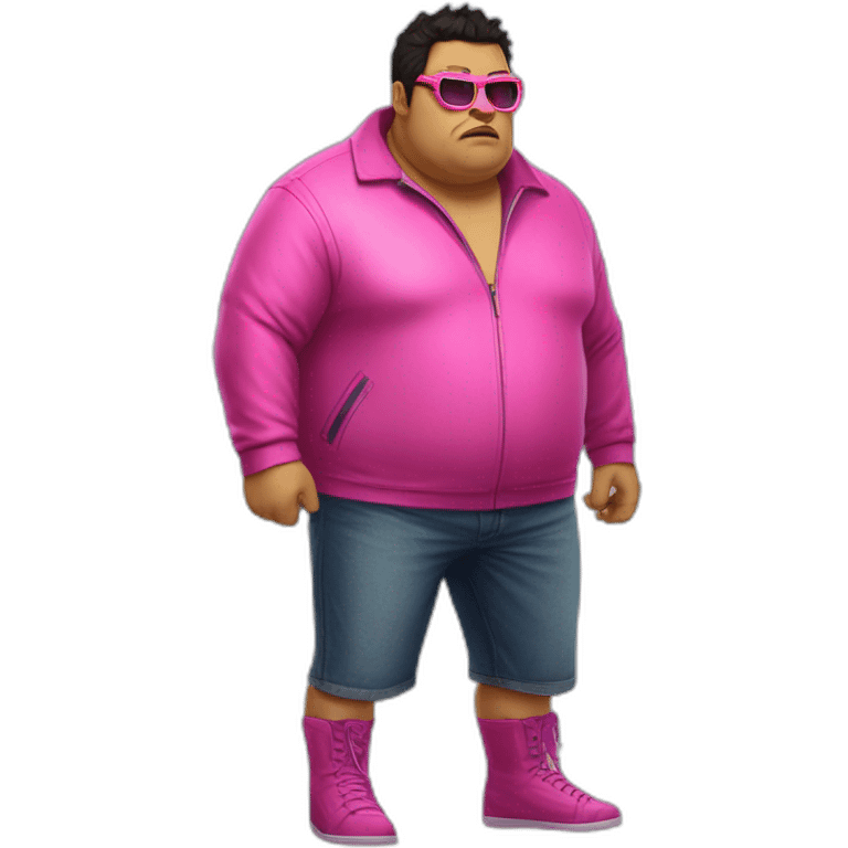 fat man with dark hair,a vibrant long yellow jacket, pink glasses, short jeans shorts. Show full lenght peson, person fighting a monster as superhero emoji