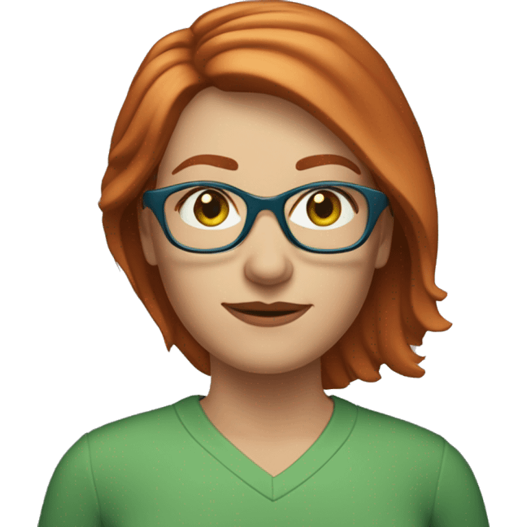 Middle age Caucasian woman with choppy straight chin-length highlighted red hair and blue eyes and green glasses emoji