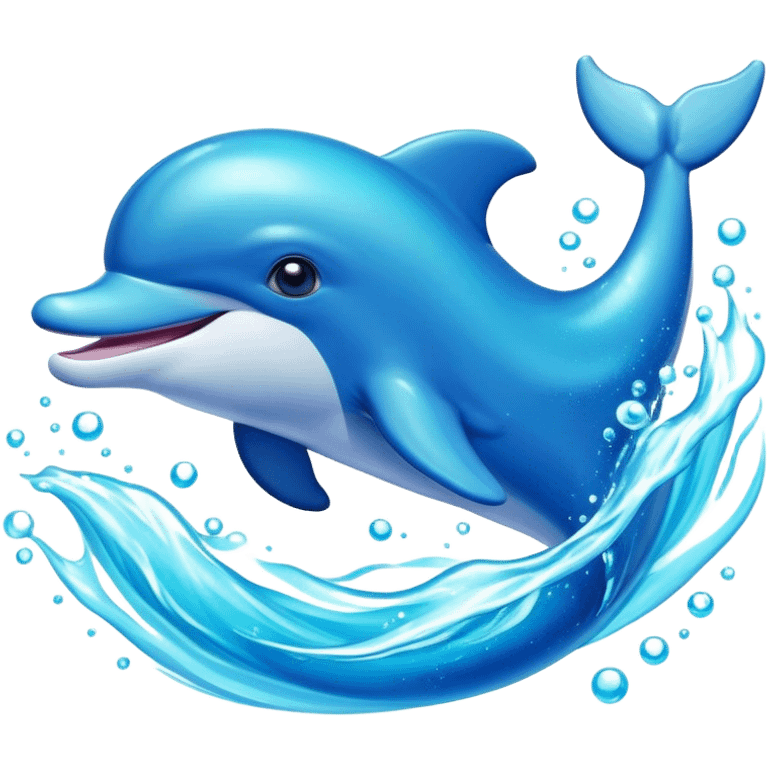 Cinematic Adorably Playful Dolphin Portrait Emoji, Bouncing joyfully through sparkling turquoise waves with a sleek, streamlined body of glossy blue skin, a wide, infectious smile, and bright, twinkling eyes that radiate pure delight, Simplified yet charmingly exuberant features, highly detailed, glowing with a radiant, bubbly aquatic glow, high shine, energetic and heartwarming, stylized with an air of whimsical ocean fun, soft glowing outline, capturing the essence of a super cute dolphin that seems ready to leap out of the screen spreading joy! emoji