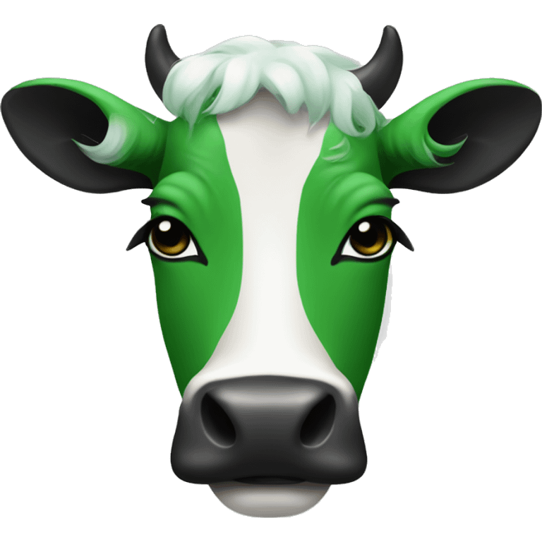 A cow with green hair and black lips and beown colour emoji