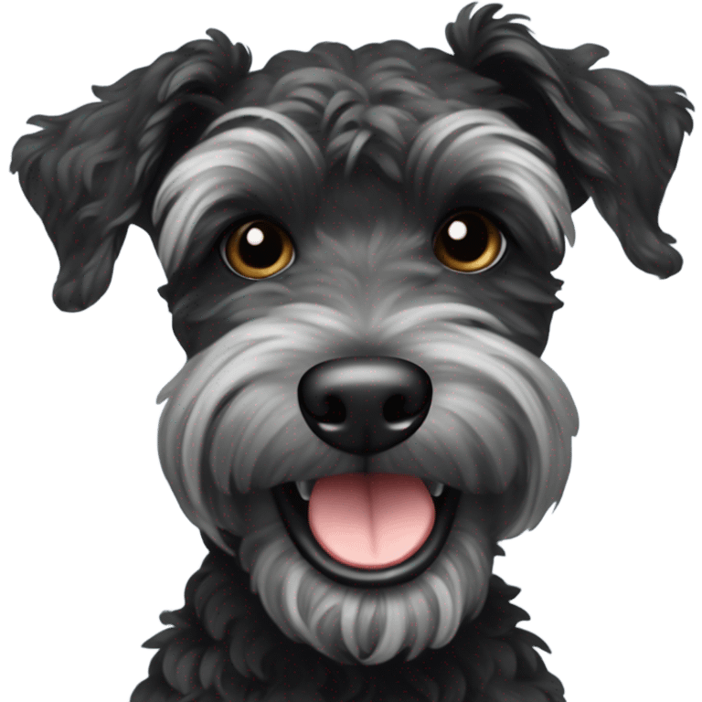 Cool black schnoodle with grey brindle and an underbite winking while smiling emoji