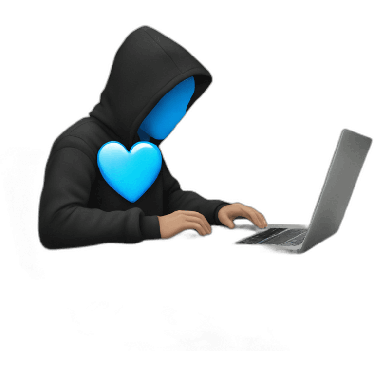 a white man wearing a black hoodie facing a laptop screen with a blue heart on it emoji