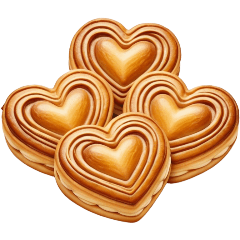 Cinematic crisp palmier, golden-brown heart-shaped pastries, perfectly caramelized layers, delicate and flaky, warm glowing background, inviting and delicious. emoji