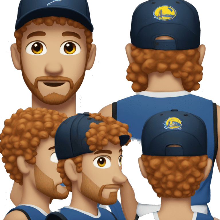 35 years old, male, short curly red hair, black basketball hat, blue eyes, pale complexion, thick beard and thin mustache emoji