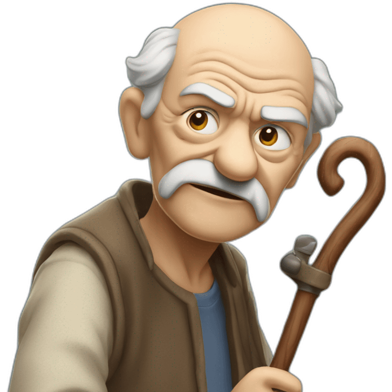 Old man leaning on a walking cane and holding his crancky back with his hand, grumpy face, detailed emoji