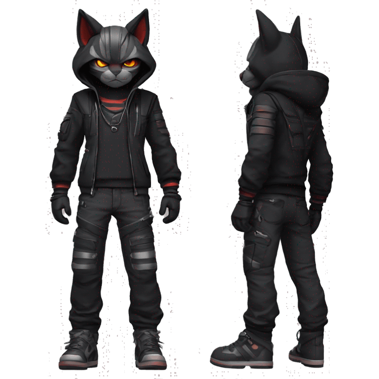 Cool Anthro Black Bat-Nargacuga-Litten-Lynx-Pokémon with edgy stripes hoodie spiked collar punk techwear Cargo Pants Full Body emoji