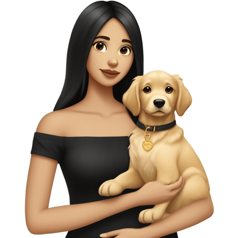 girl with a porcelain fair skin tone and long straight black hair with a small face wearing an off shoulder black shirt, while holding her golden retriever puppy  emoji