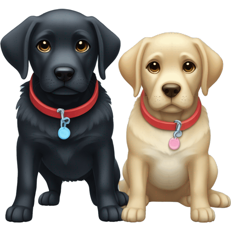 black-coloured labrador on the left with red collar, black-coloured labrador on the right with light blue collar. emoji