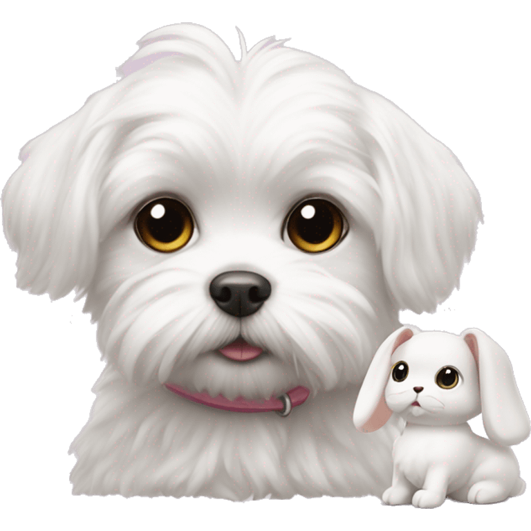 white maltese with small toy of rabbit shape doll emoji