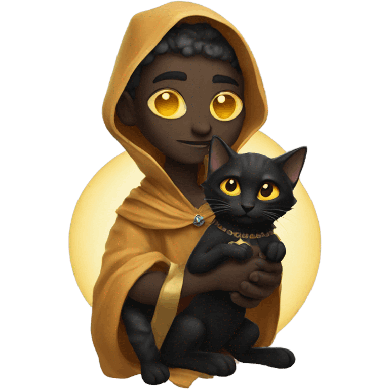 A sun warlock who is pale and is holding a black kitten emoji