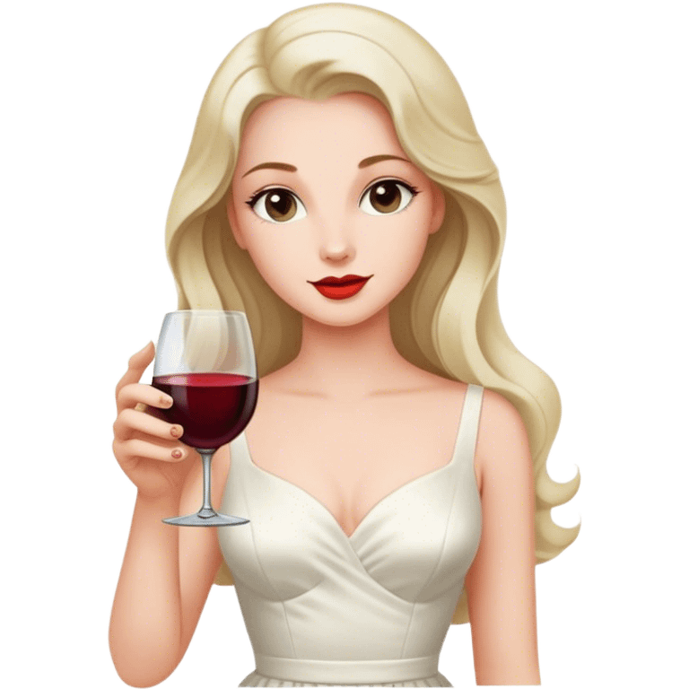 Beautiful woman in 1950’s woman fashion look, white dress, long hair, wine emoji