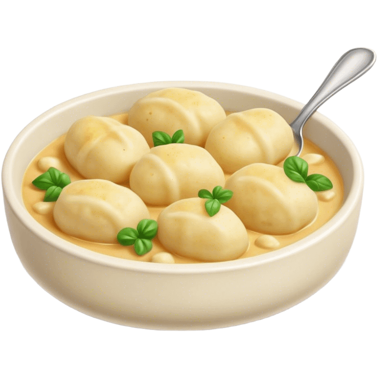 Cinematic Realistic Gnocchi Dish Emoji, showcasing tender potato dumplings in a light sauce rendered with soft textures and inviting, natural lighting. emoji