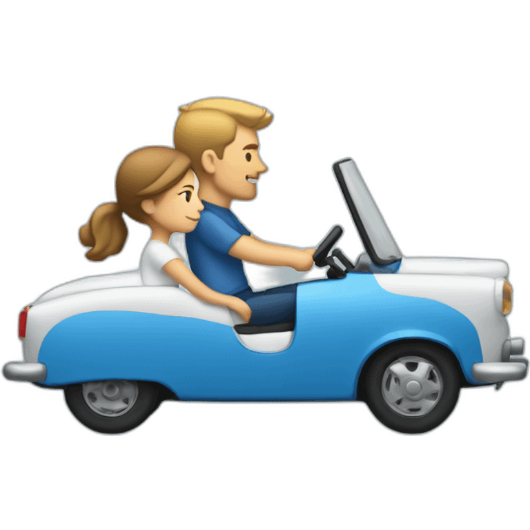 white man and white woman riding blue car sideview emoji