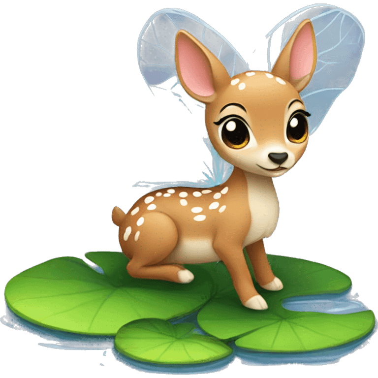 a fawn with fairy wings standing on a lilypad emoji