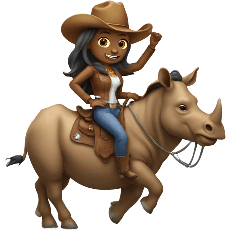 Woman with long hair with a cowboy hat and ahe’s riding a rhinoceros emoji