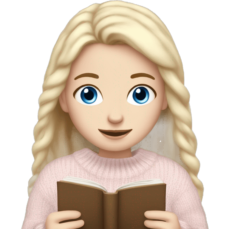 Pretty blue eyed white girl with light pink sweater reading cozy emoji