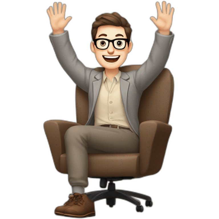 Joyful Celebrating victory Hands up Pale skinned Fit Man With dark brown hair in gray jacket, beige office shirt, Brown pants and vintage glasses sitting In a soft chair emoji