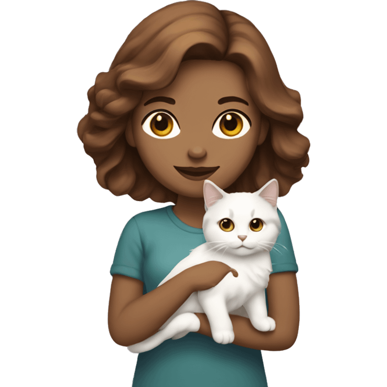 woman with brown hair holding a white Siberian cat emoji