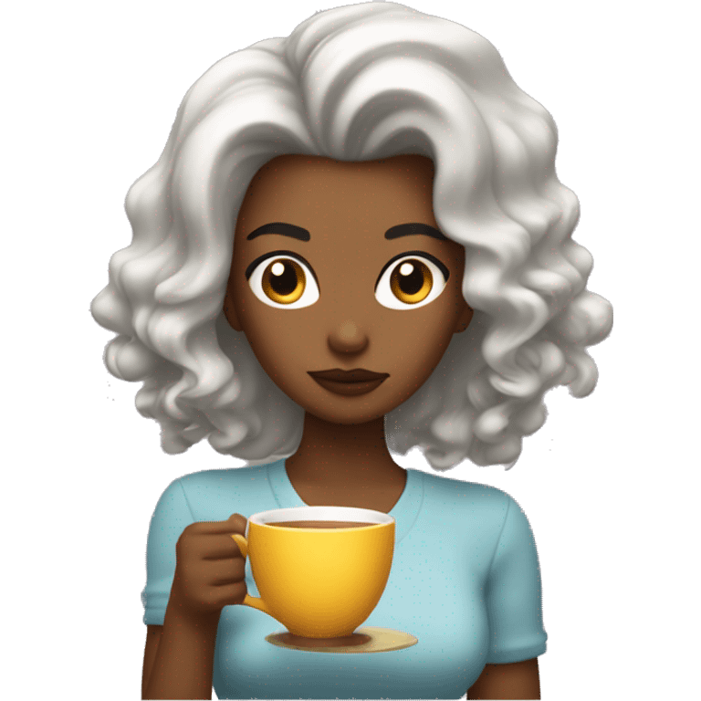 Girl with a blowout hair styl sipping tea and looking sassy emoji