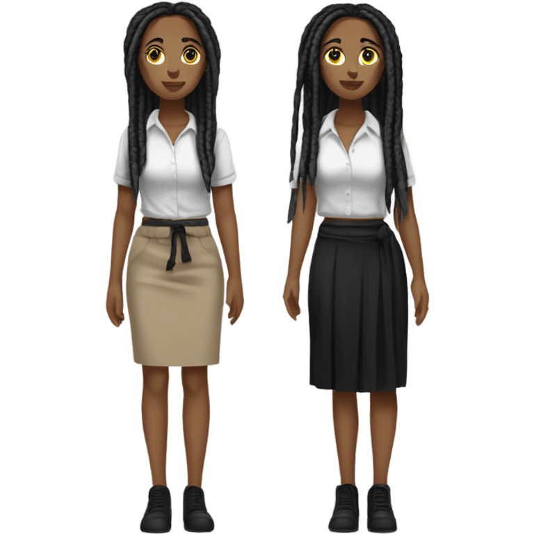 Tan girl with black locs dark white tied shirt black skirt full body emoji