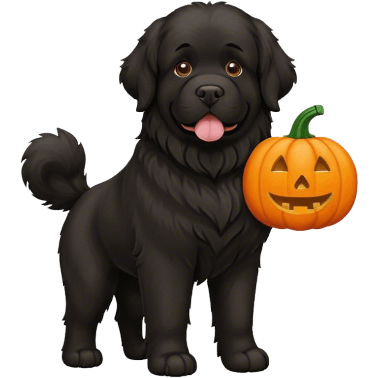 Black newfoundland dog with a pumpkin emoji