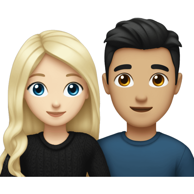 Blonde girl with blue eyes in black sweater and an east asian with light skin man with black hair and black eyes hugging emoji