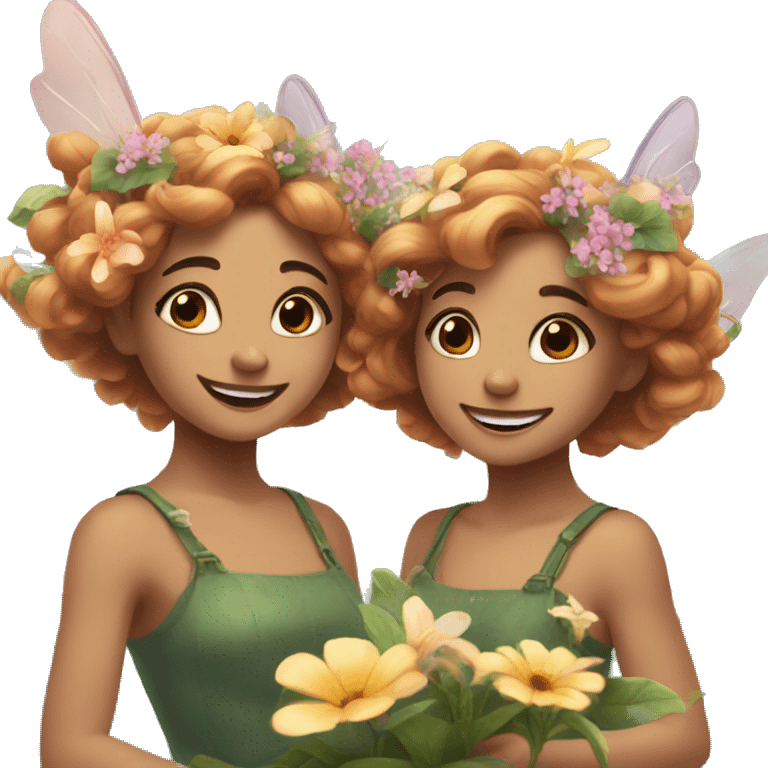 two fairies flying, beautiful, flowers in hair, smiling, aesthetic emoji