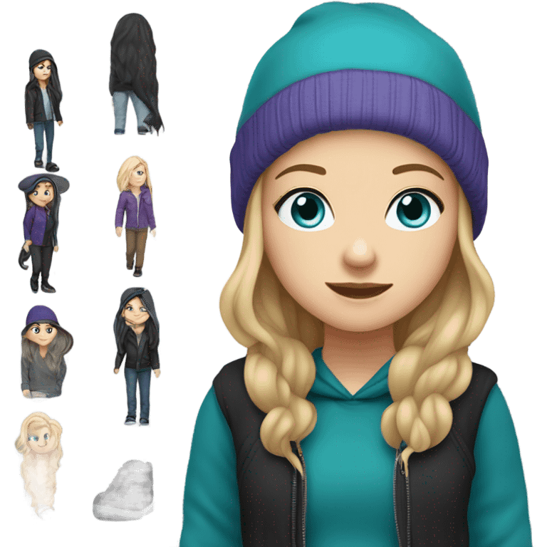 White girl, blue eyes, long teal hair, purple beanie hat, black hoodie, blue jeans, black shoes emoji