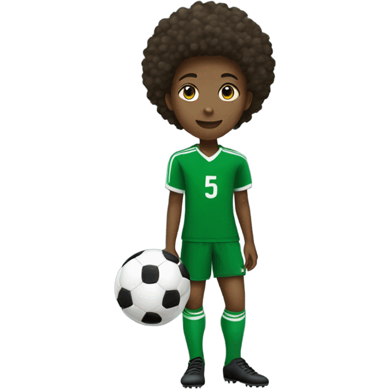 Afro teenager in green soccer uniform number 5  kicking a soccer ball emoji