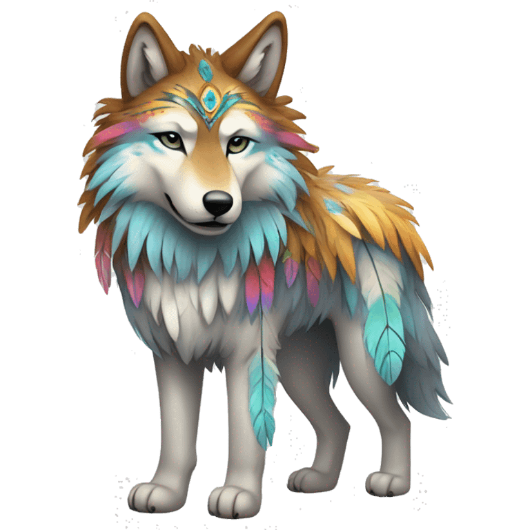 Fluffy Shy Colorful Spiritual Shamanic Wolf With Shiny Tribal Markings wearing feathers Full Body emoji