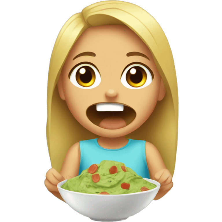 young girl eating guacamole with chips with a silly face emoji