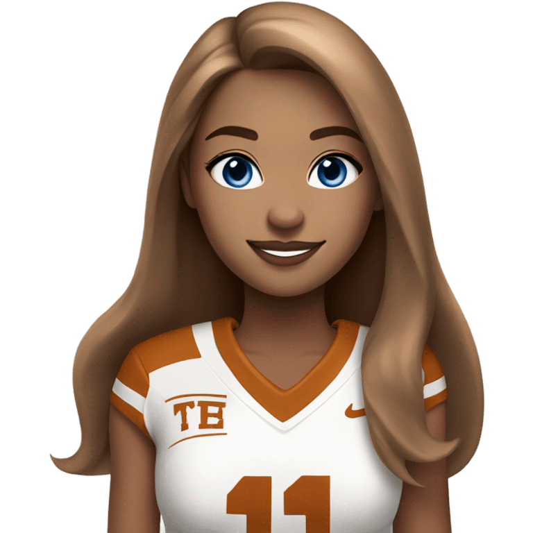 Beautiful girl, blue eyes, long straight beautiful light brown hair, wearing Texas Longhorn football cheerleading uniform emoji