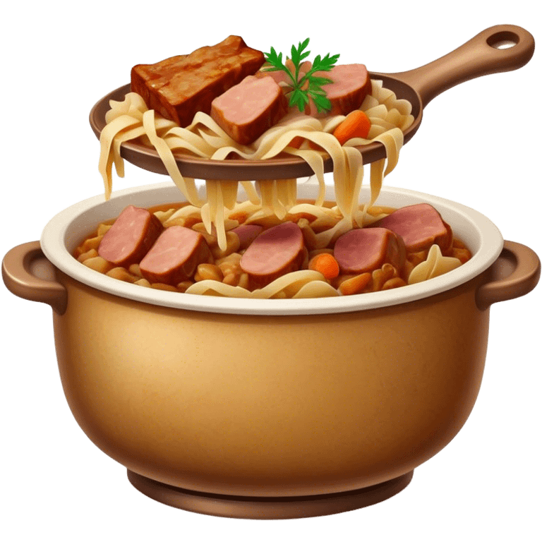 Cinematic Realistic Bigos Dish Emoji, showcasing a hearty stew of sauerkraut and meats rendered with rich textures and dynamic, rustic lighting. emoji