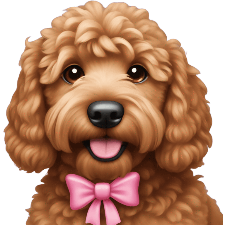 Red mini goldendoodle with pink bow emoji