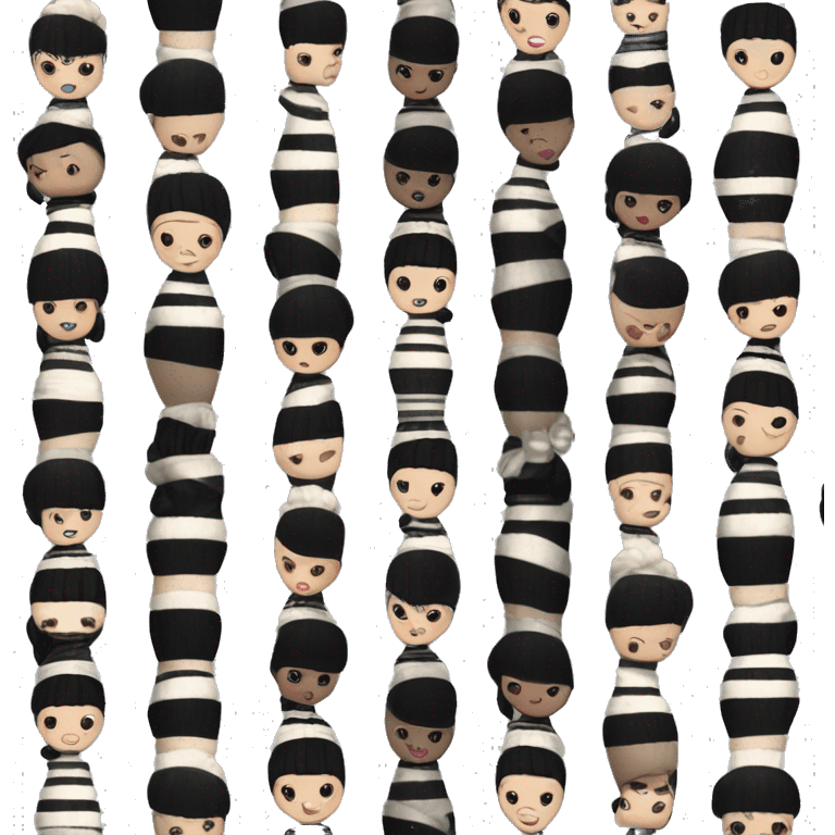 Bouclé Beauty Barbie, Wednesday Addams from academy, in vertically-striped dark-gray and black. emoji