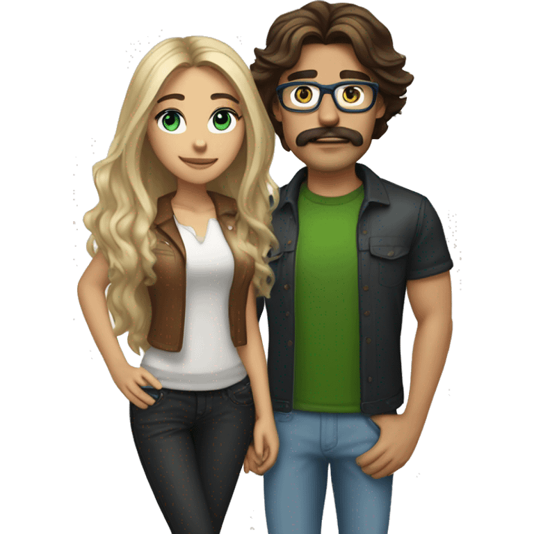 (brunette, brown eyed, madison beer) standing next to (handsome long hair blonde man, mustache, blue/green eyes, brown glasses) emoji