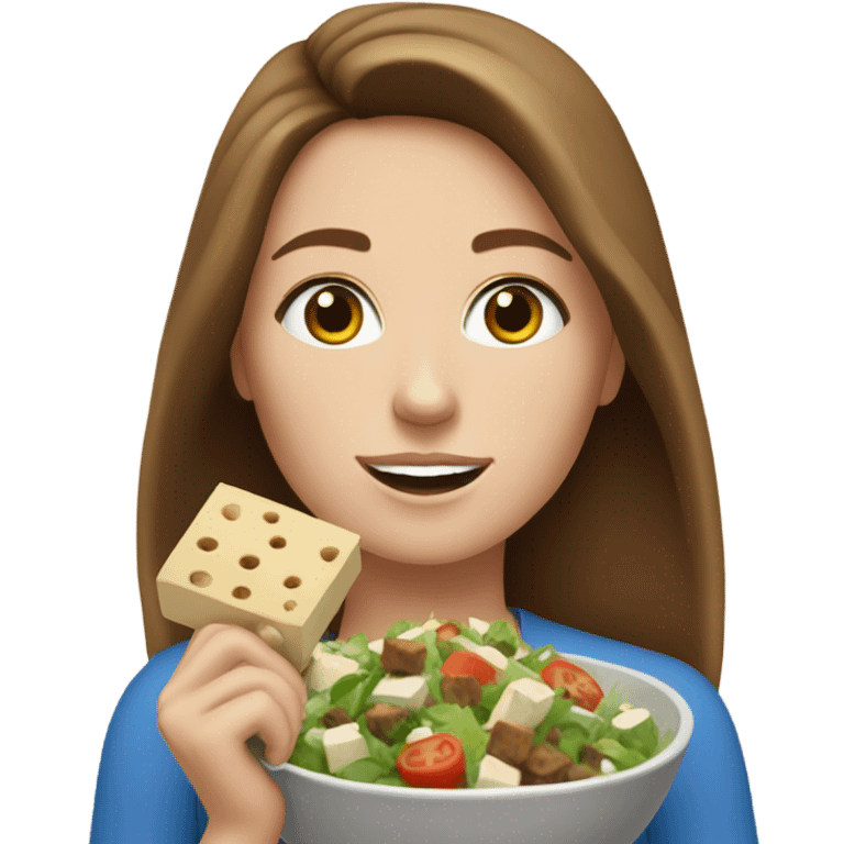 White girl Brown hair blue eyes freackles eating Tofu salad emoji