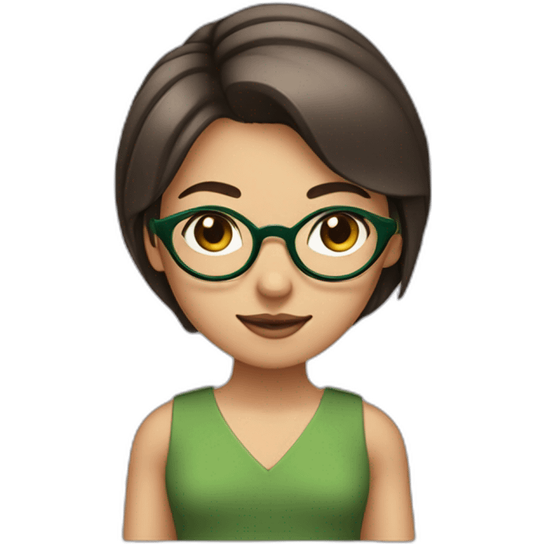 A girl with fair skin, circular glasses, straight hair, and boyish hair up, brown eyes, a green black dress, and a line on the eyebrow. emoji