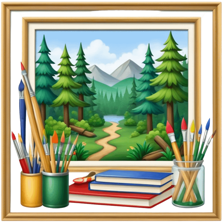 forest where trees a painting brushes, paints, pencils, books emoji