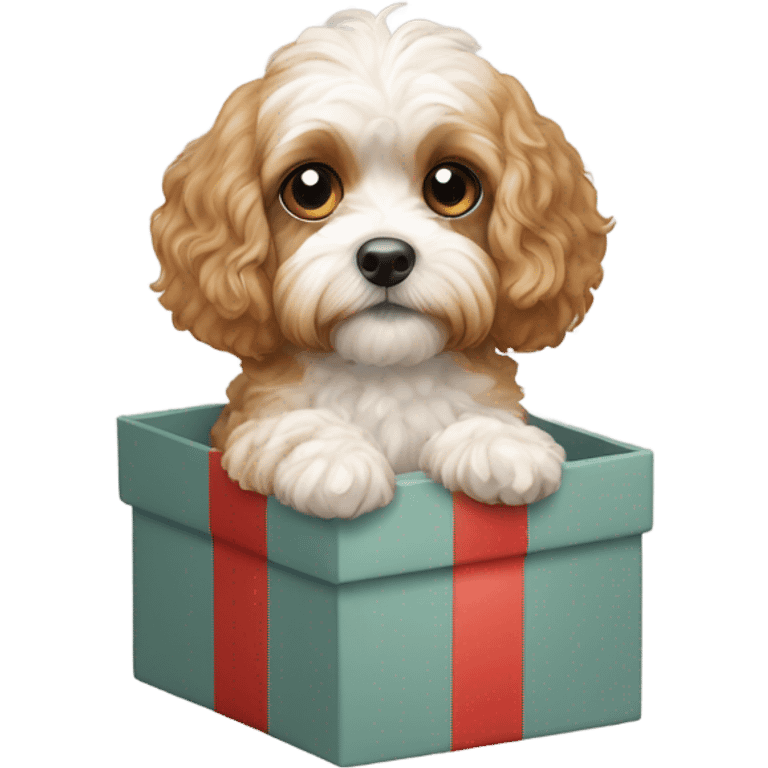 beige and white cavapoo and gift box emoji