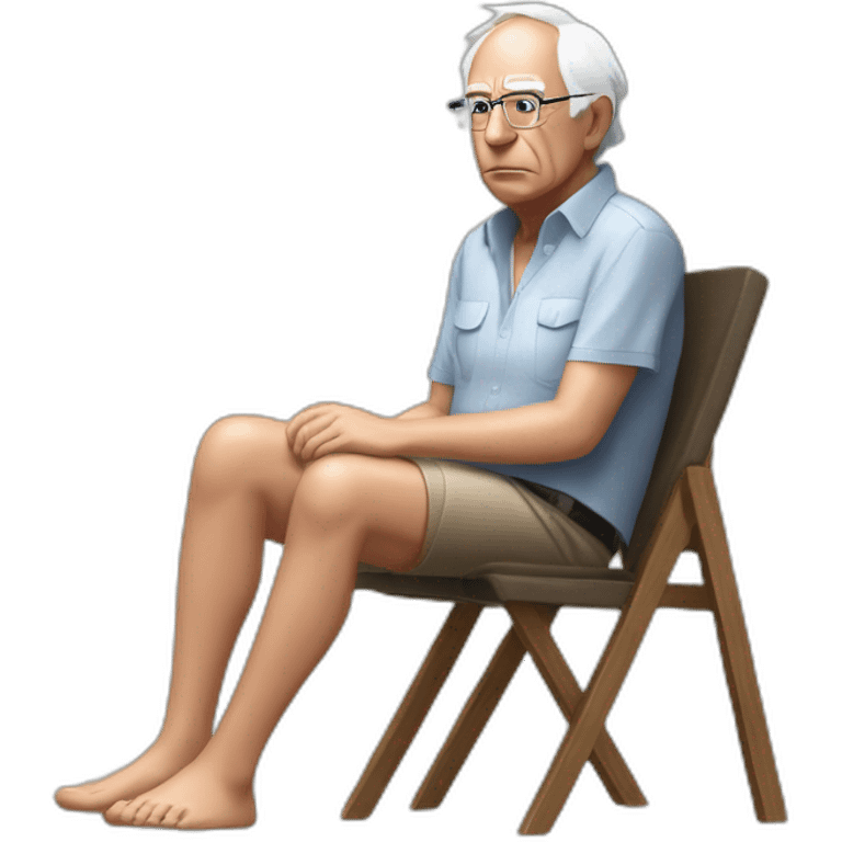 young bernie sanders wearing a skirt bikini sitting acting out that scene from basic instinct sitting facing forward legs apart(full body, ios17) man's body emoji