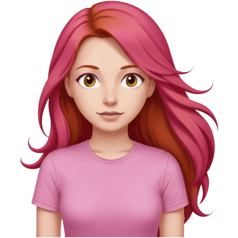  Uma mulher ruiva com olhos castanhos cabelo longo uma camiseta rosa   emoji