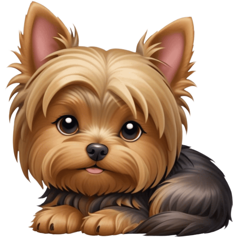 Meme-Worthy Cute Sleeping Yorkshire Terrier Portrait Emoji, Head resting gently with a peaceful, contented expression and softly closed, dreamy eyes, featuring a well-groomed, silky fur in rich hues, simplified yet irresistibly endearing, highly detailed, glowing with a gentle, drowsy radiance, high shine, exuding relaxed, heart-melting charm, styled with a soft glowing outline, capturing the essence of a sleeping Yorkshire Terrier that looks as if it could drift off into a sweet, meme-worthy slumber! emoji