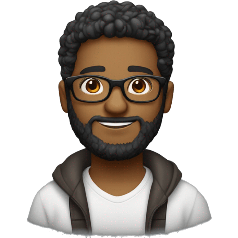 moreno, pelo negro, ojos marrones oscuro, un poco de granos, tengo barba, pelo rizado corto degradado bajo, con gafas emoji