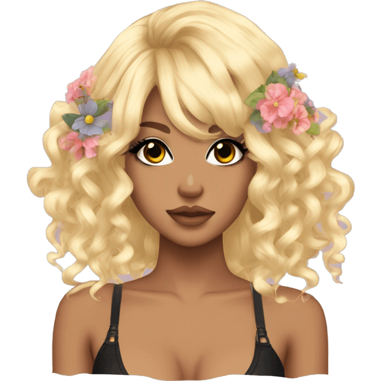 Gyaru girl with dramatic lashes, flower in hair, and curly blonde hair emoji