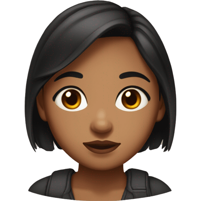 Brown skin girl teen, black hair colour, brown eyes, round face shape, sharp nose, lips are small, chubby character, cute face emoji