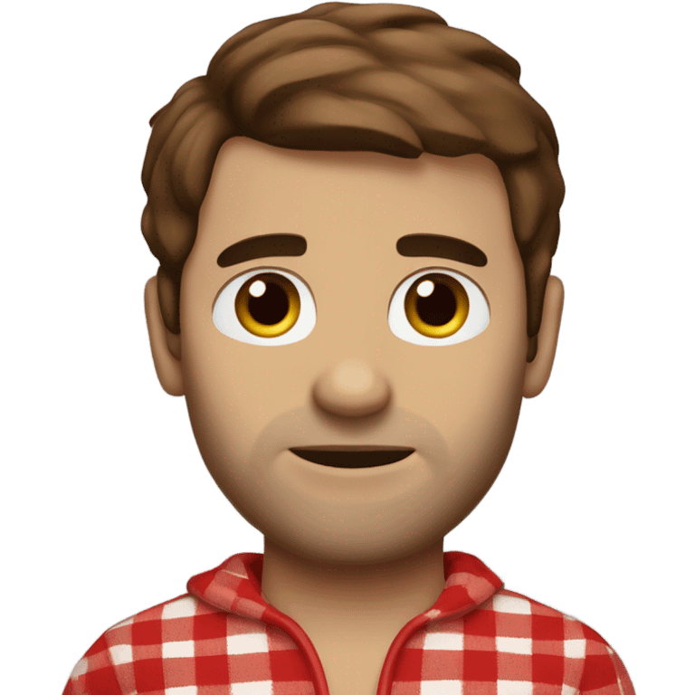 Man with brown hair and brown eyes wearing red buffalo plaid pjs emoji