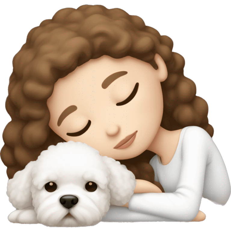 White girl brown hair sleeping with Mini Bichon emoji